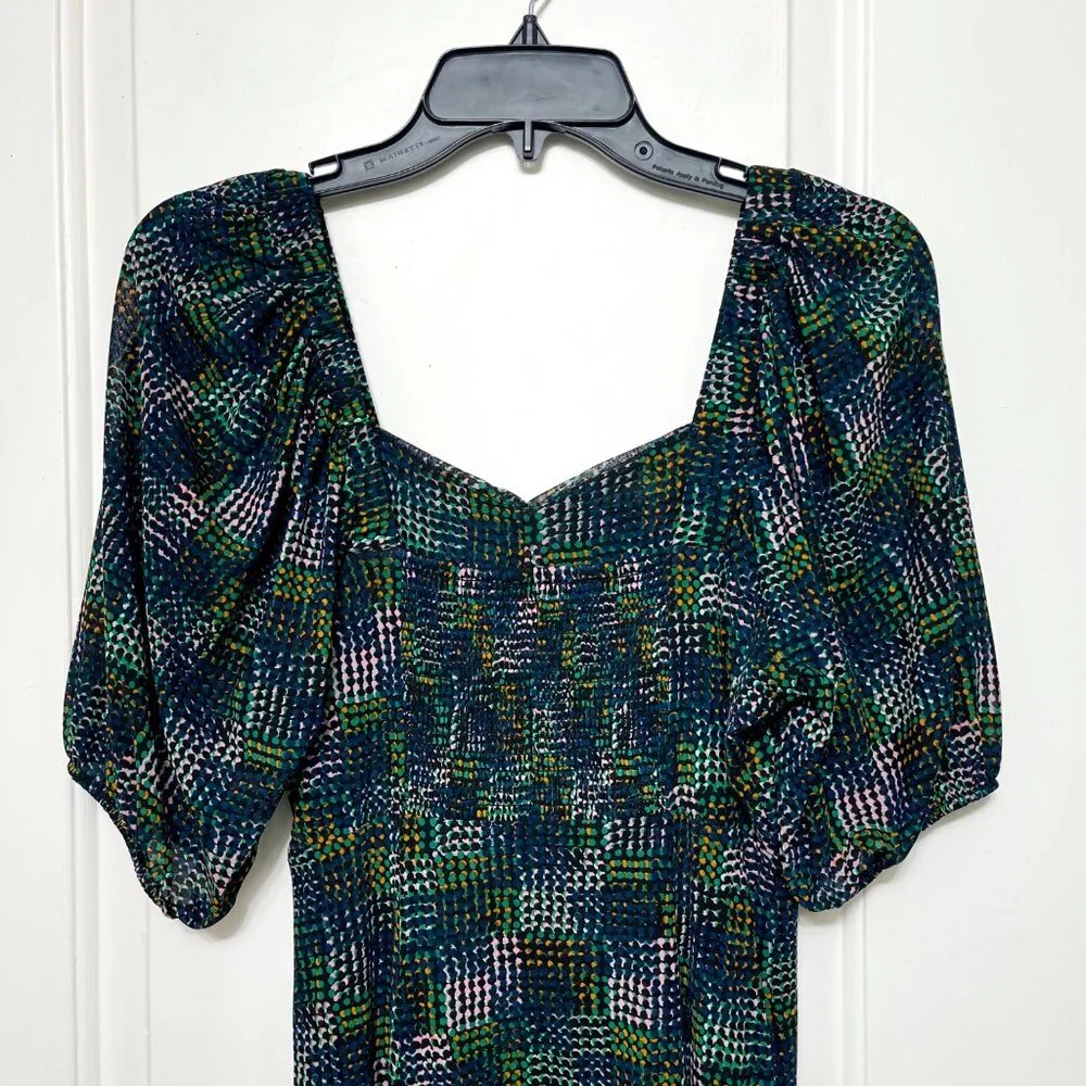 Elaine Puff Sleeve Multicolored Dot Mesh Midi Dress in Green‎ Size XS